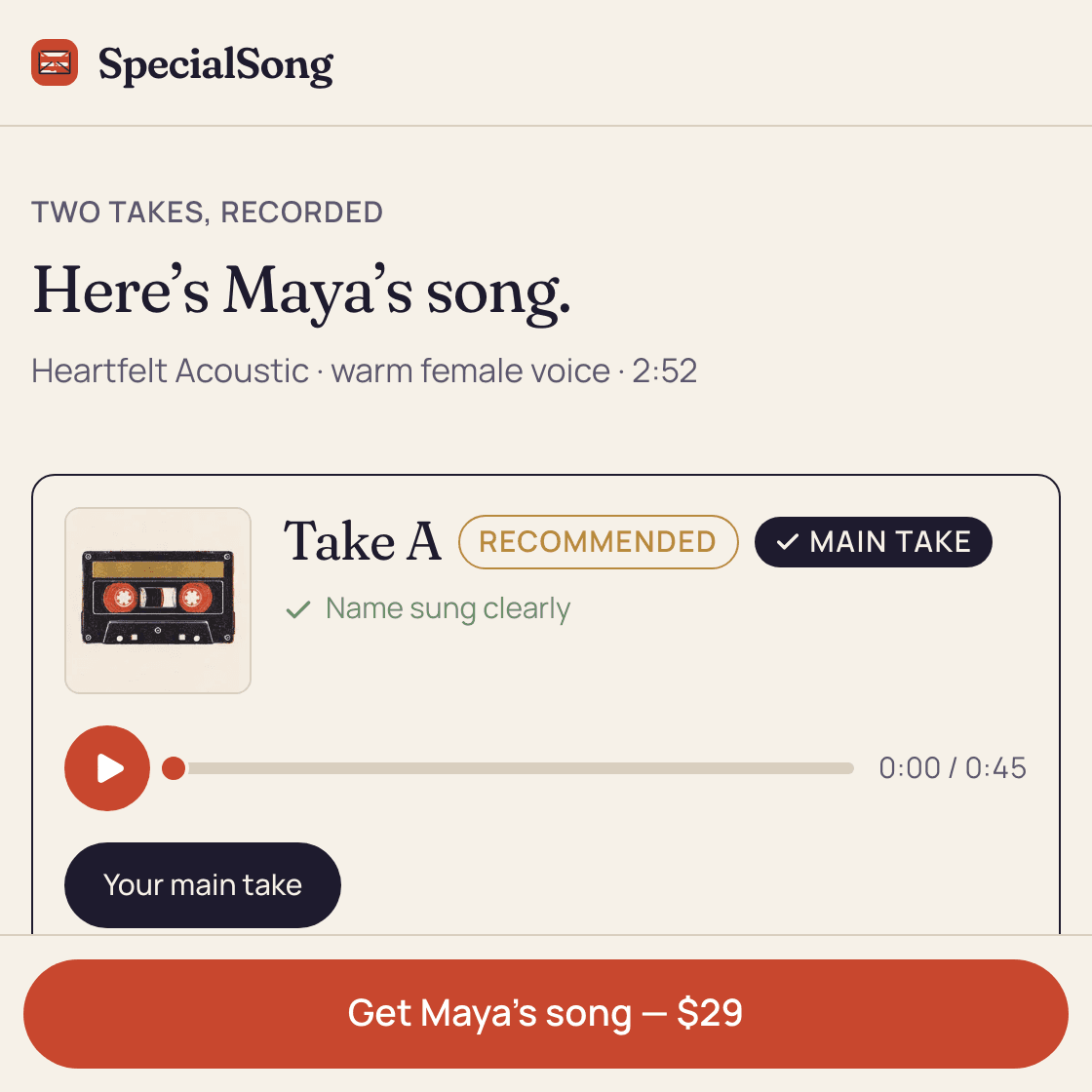 The preview page with the two recorded takes of the song