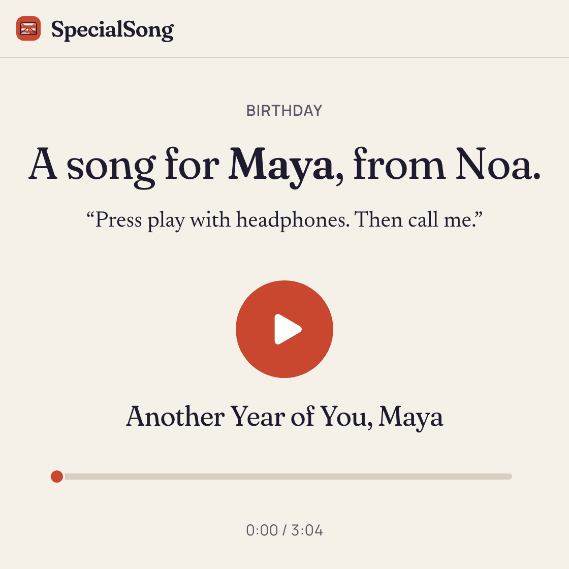 The gift page the recipient opens, with the note and the play button