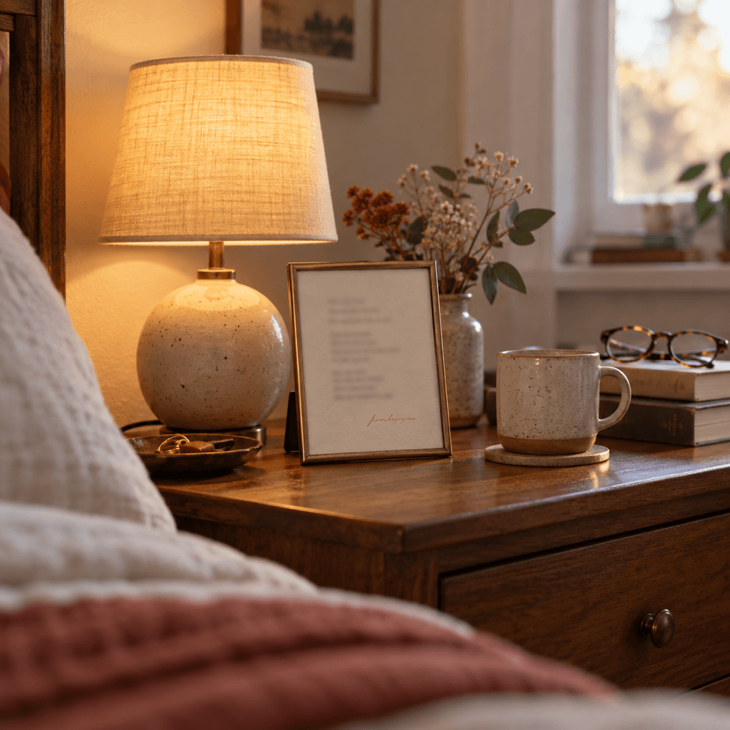 A framed lyric sheet on a nightstand