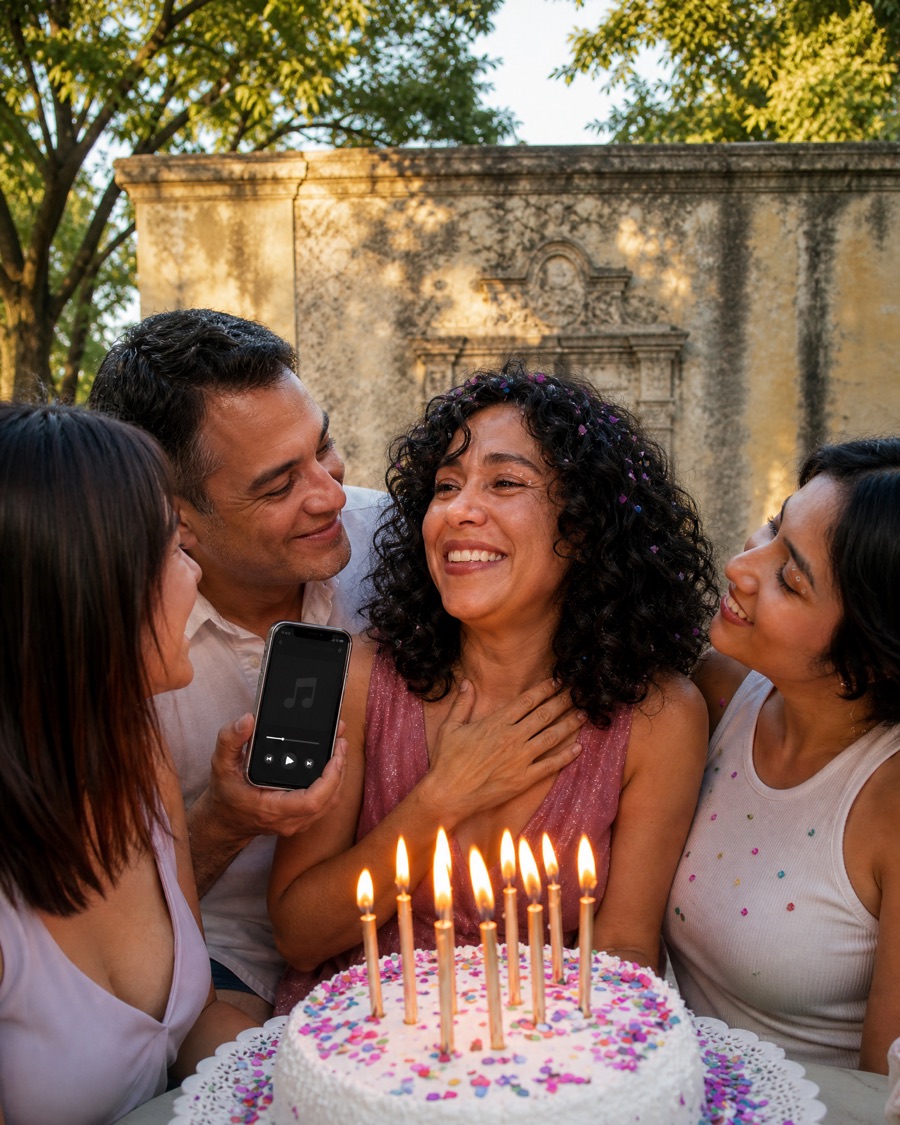 A woman celebrating her 40th birthday as her song plays