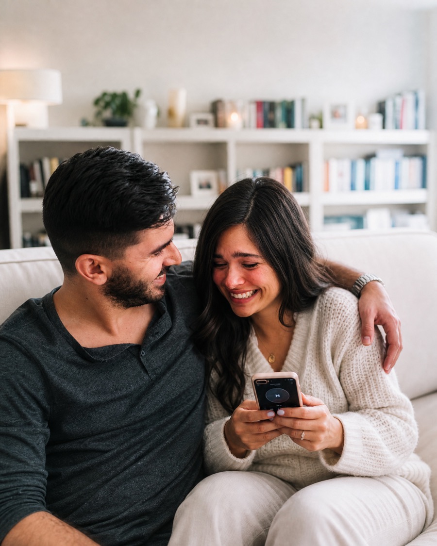 A woman laughing through happy tears beside her partner