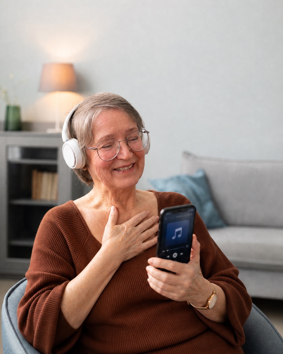 An older woman listening to her song in headphones