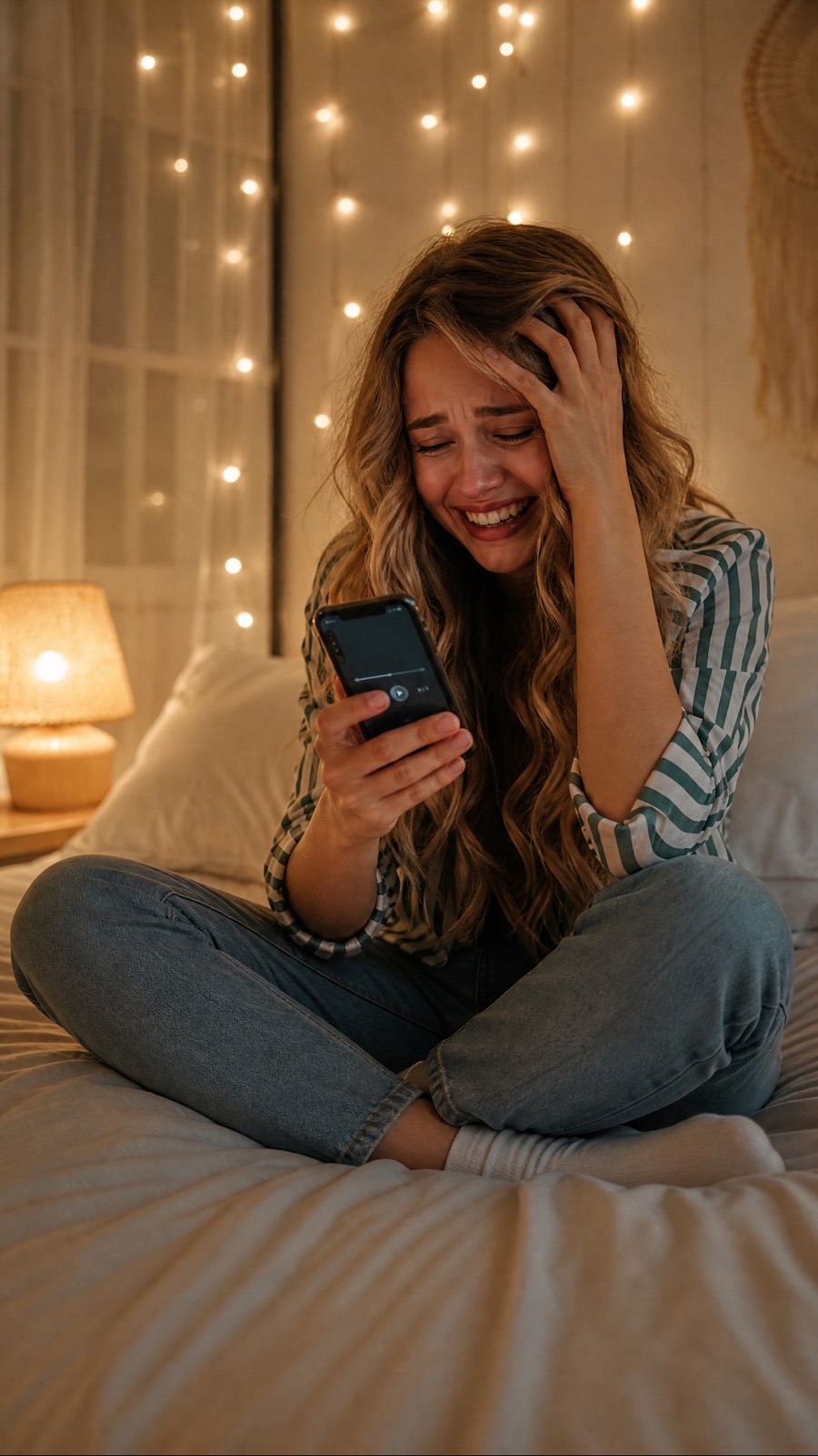 A young woman on her bed laughing and crying at a song from her best friend