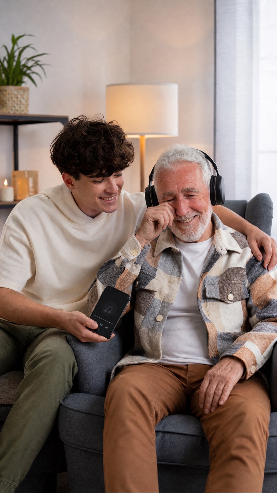 A grandfather in big headphones, smiling, as his grandson leans in beside him